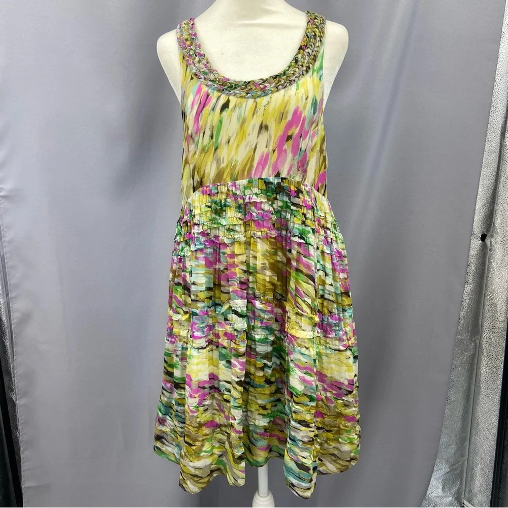 Anthropologie Leifsdottir rainbow confetti silk‎ ruffle sleeveless Shift dress 4